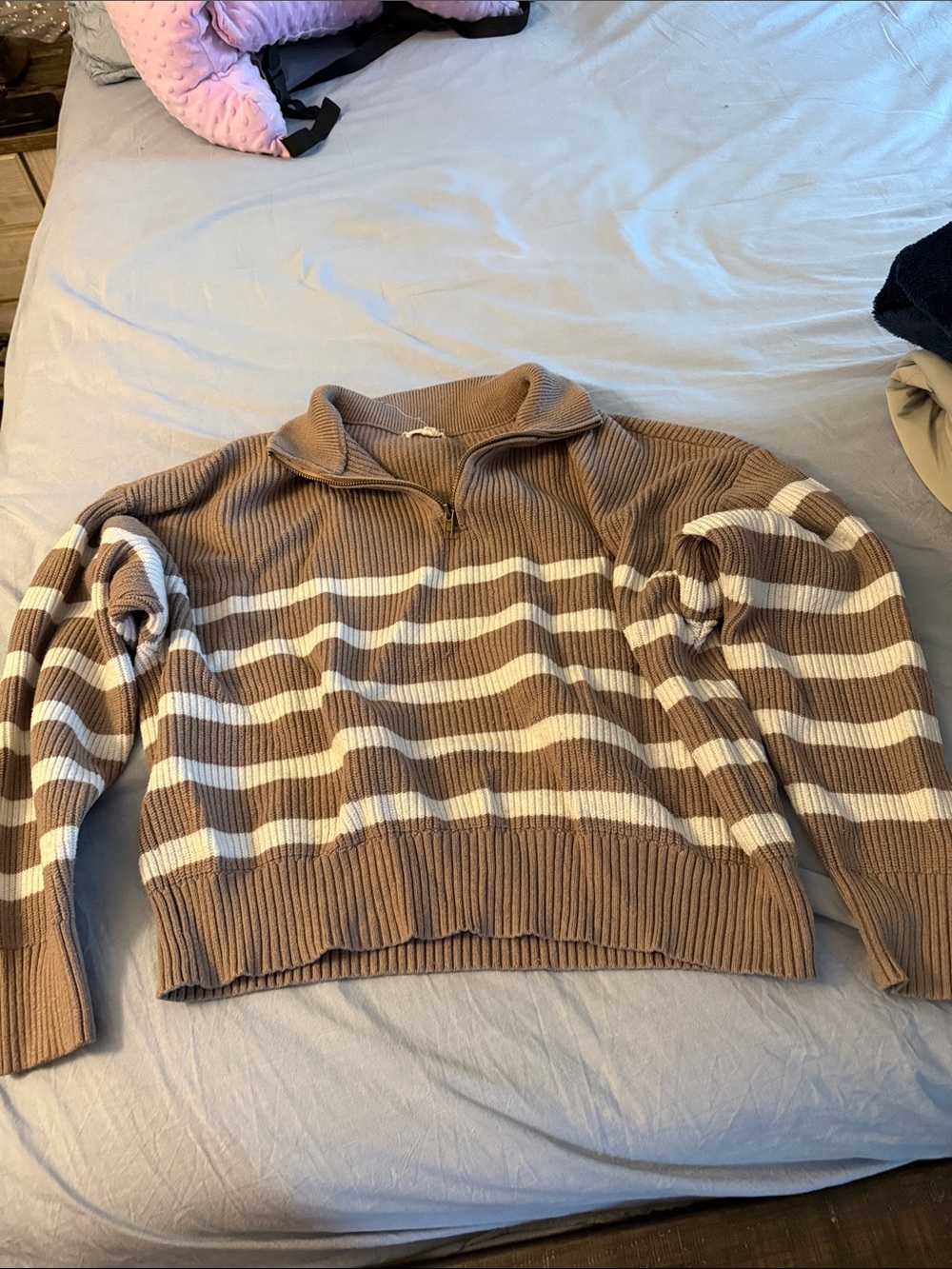 Thread & Supply Taupe and Cream Striped Half-Zip Pullover Sweater